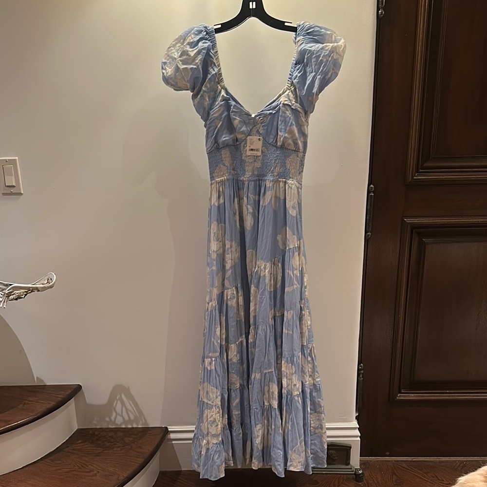 Free People Blue Maxi Sundress with Puff Cap Sleeves